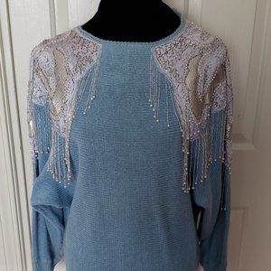 Vintage Bonnie Boerer Lt. Blue Beaded Sweater Sz.M